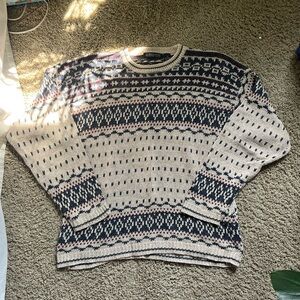 cool fall sweater, tan blue and red patterns